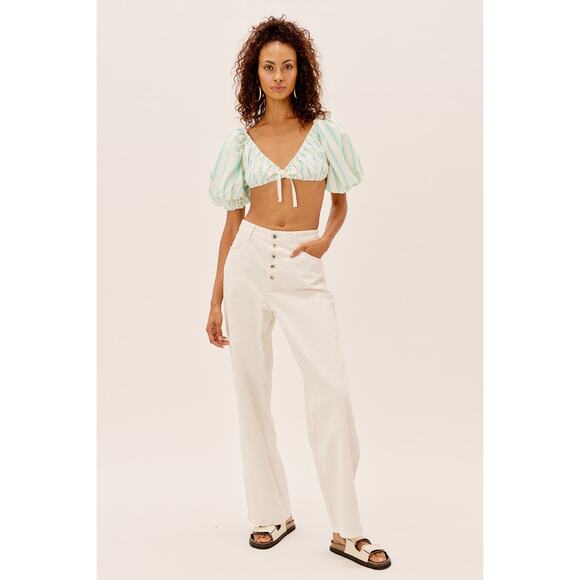 For Love & Lemons Myla Crop Top Size Large Tie Back Striped Puff Sleeve Preppy - Picture 12 of 12